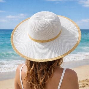 White and Tan Straw Sun Hat Large Brim